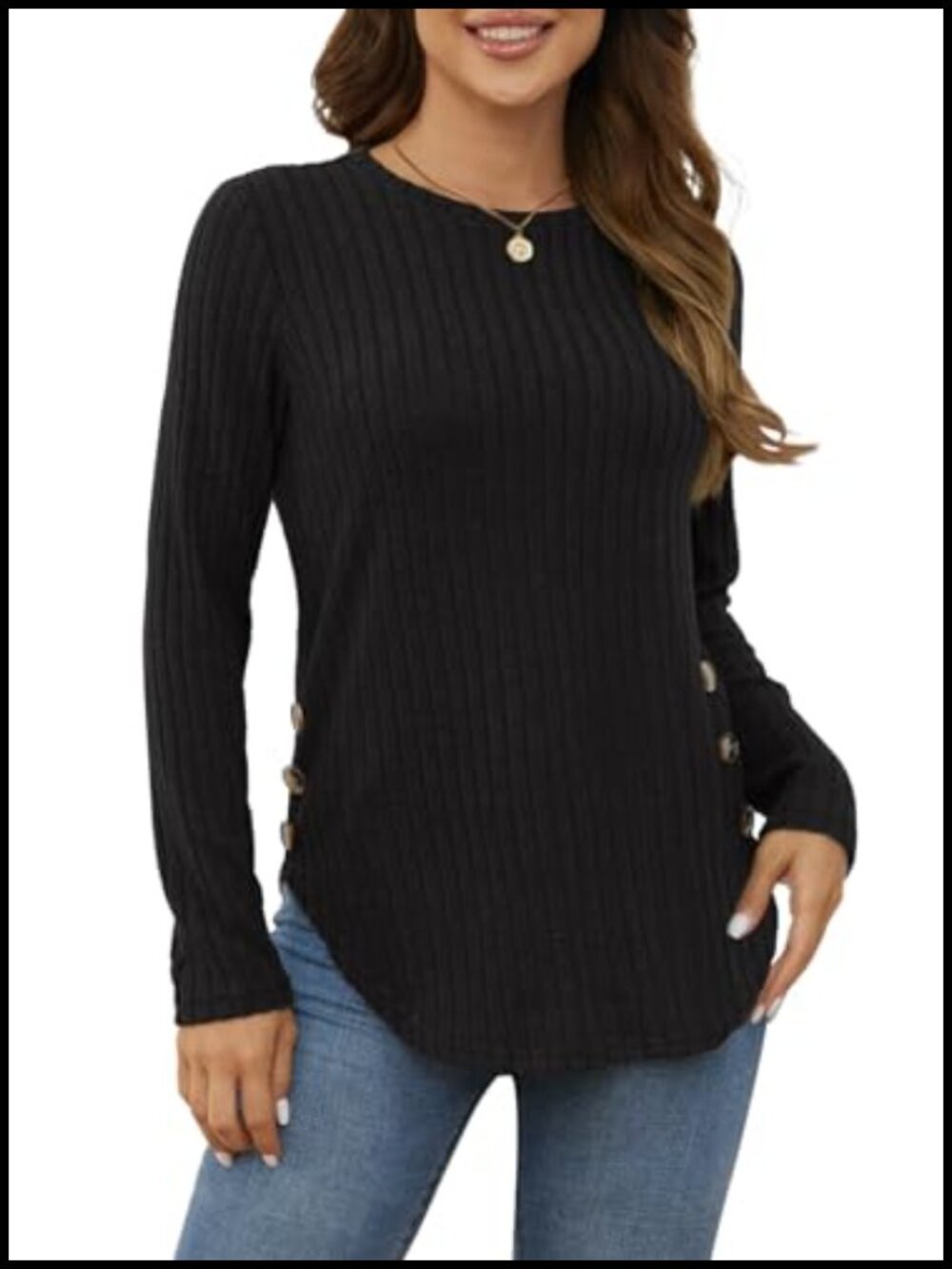 Ribbed Knit Tunic Top Long Sleeve Curved Hem Loose Fit Sweater